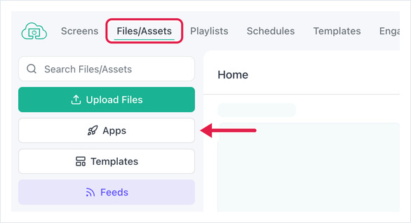 OptiSigns Files/Assets page with an arrow pointing at the Apps button in the left sidebar
