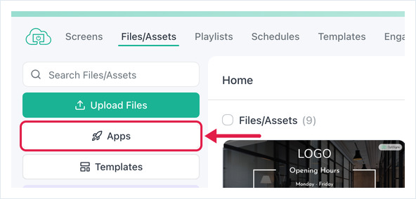 Página Archivos/Activos de OptiSigns con el botón Aplicaciones resaltado en el panel izquierdo