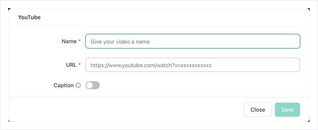 Boîte de dialogue de l'application YouTube avec les champs Nom, URL et Légende