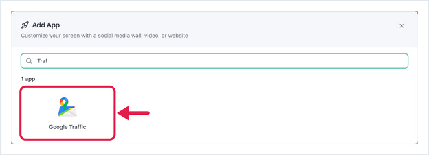 Dialogrutan Add App filtrerad på Traf, med kortet för appen Google Traffic markerat.
