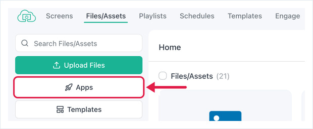 Página Files/Assets do OptiSigns com o botão Apps do painel esquerdo destacado.