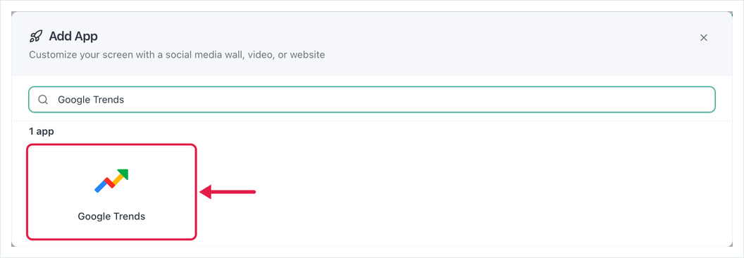 Dialoogvenster App toevoegen met de zoekopdracht Google Trends en een pijl op de Google Trends-kaart.