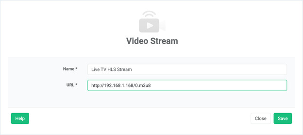 Caixa de diálogo do app Video Stream da OptiSigns, Name com Live TV HLS Stream e o URL HLS em URL.