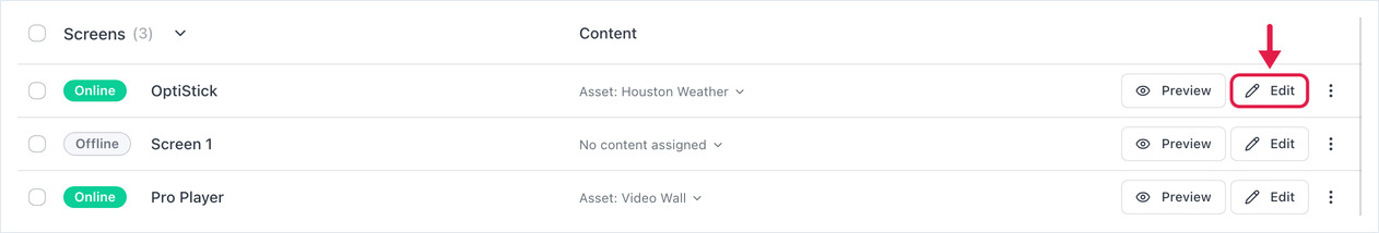 Linha da lista de telas com o botão Editar destacado