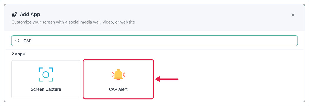 Add App dialog searched for CAP, with the CAP Alert card marked