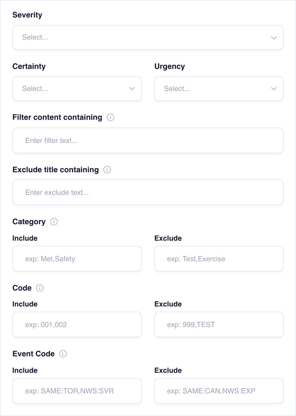 Advanced filters for severity, certainty, urgency, category and codes