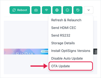Edit Screen dialog, Advanced more-commands menu open, arrow on OTA Update