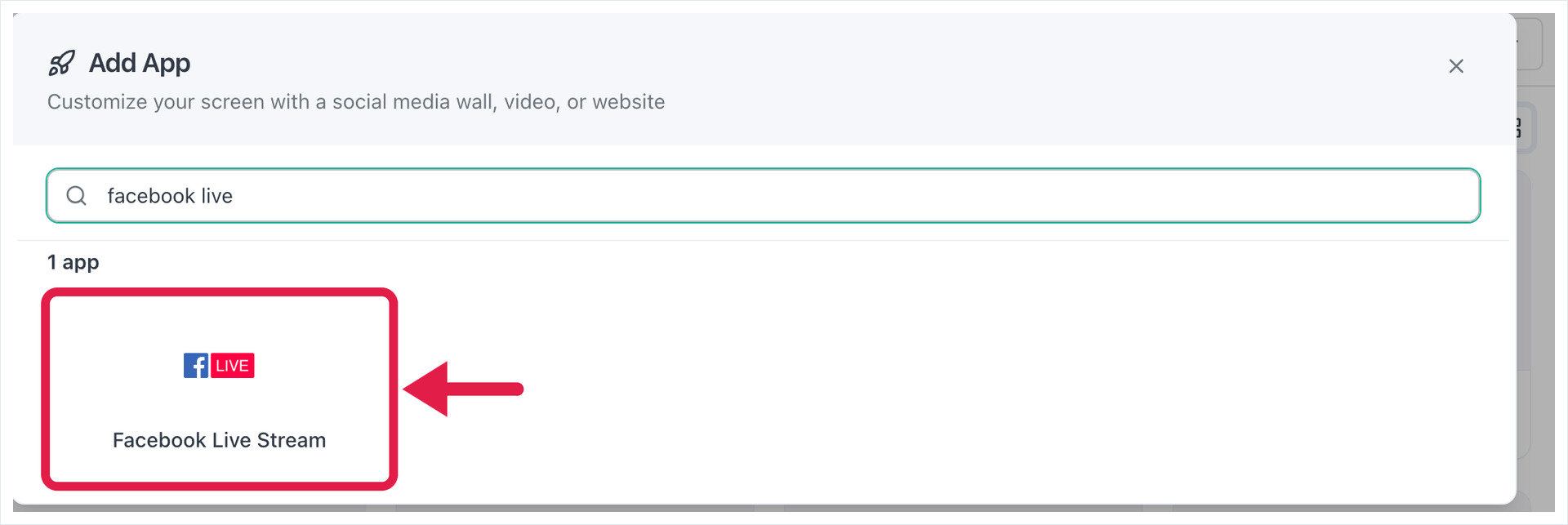 The Add App window filtered to facebook live, with an arrow pointing at the Facebook Live Stream app.