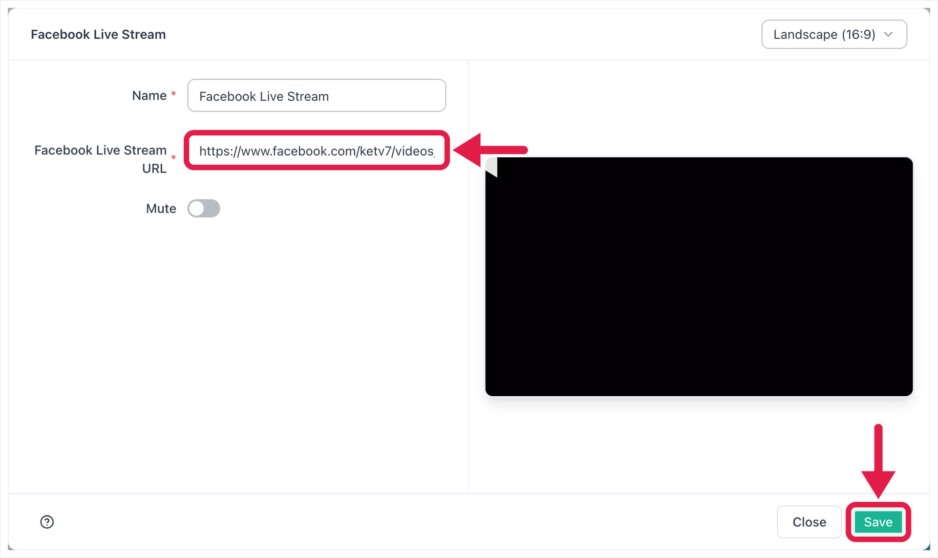 La ventana de ajustes de Facebook Live Stream, con flechas en el campo de URL y el botón Guardar.