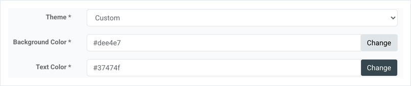 Theme set to Custom, showing the Background Color and Text Color fields