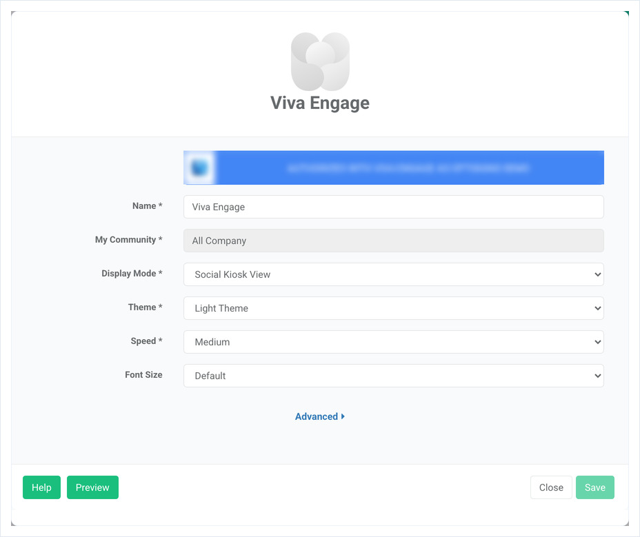 Ajustes de Viva Engage: nombre, comunidad, modo de visualización, tema, velocidad, fuente y Avanzado