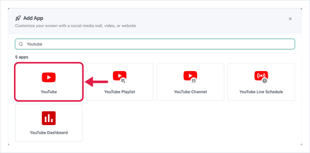 Add App dialog searched for YouTube, five YouTube apps listed, YouTube highlighted