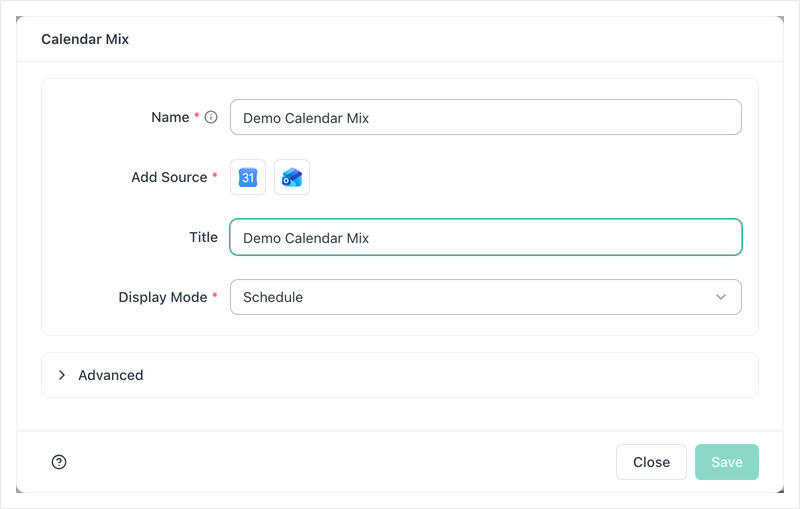 名前、ソースを追加、タイトル、表示モードが表示されたCalendar Mixの設定ダイアログ
