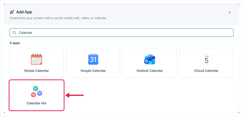 Boîte de dialogue Ajouter une application filtrée sur les calendriers, Calendar Mix mis en évidence
