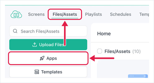 OptiSigns-portaal met pijlen naar het tabblad Bestanden/Activa en de knop Apps