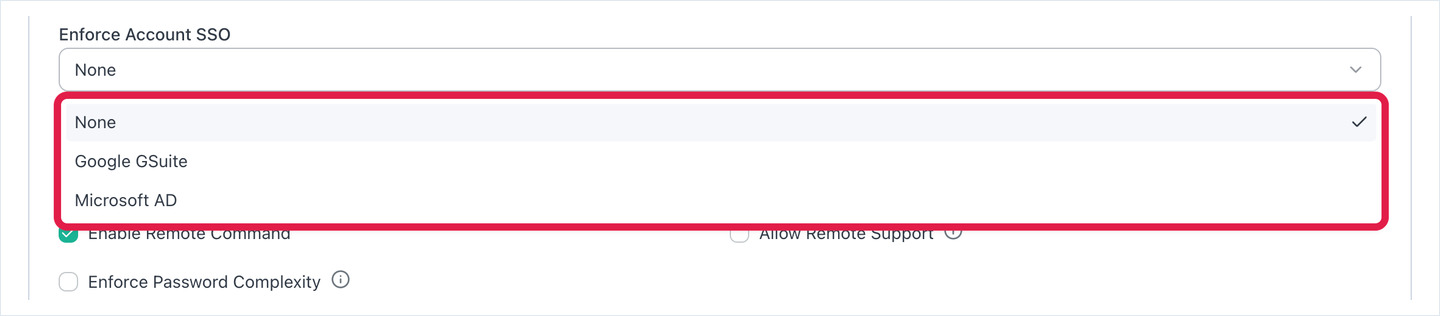 Enforce Account SSO list open, showing None, Google GSuite and Microsoft AD
