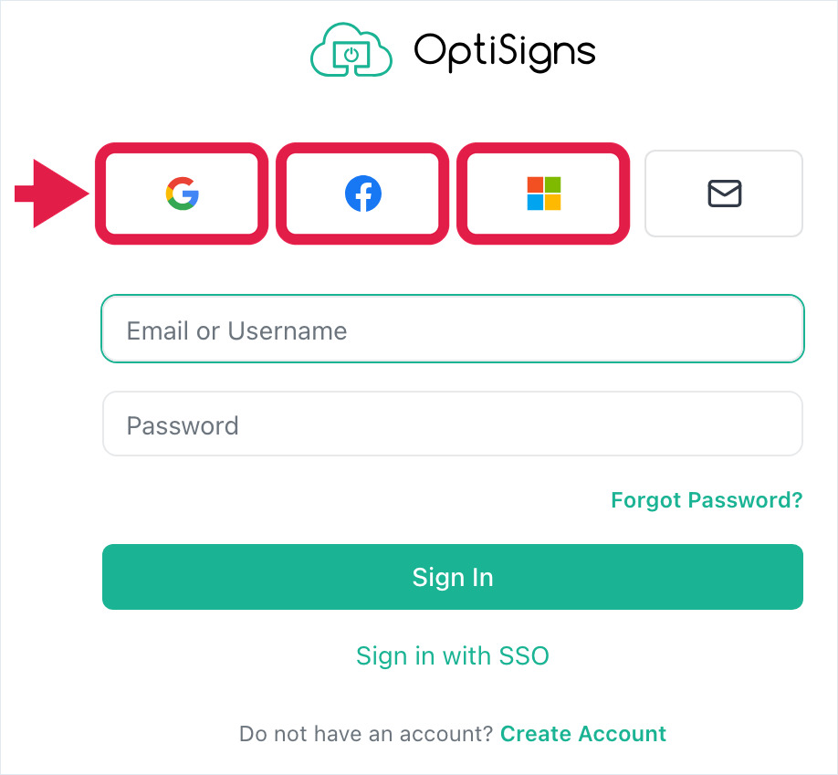 OptiSigns sign-in page with the Google, Facebook and Microsoft sign-in buttons boxed