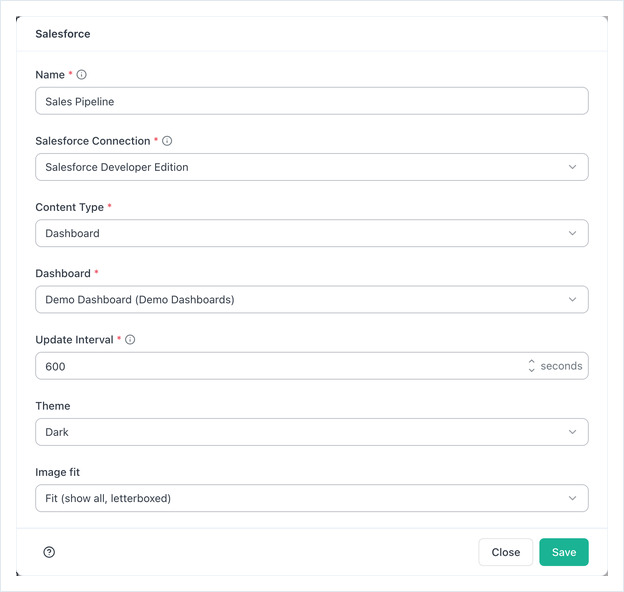 OptiSigns Salesforce app form filled in, with a connection and a dashboard selected