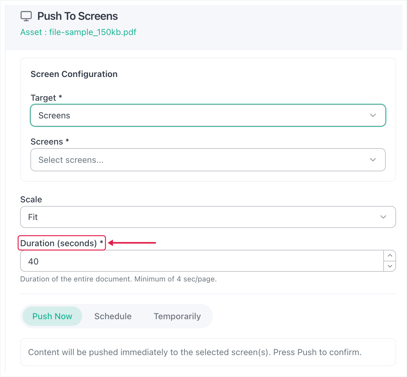 Push To Screens dialog for a PDF, with the Duration (seconds) field highlighted