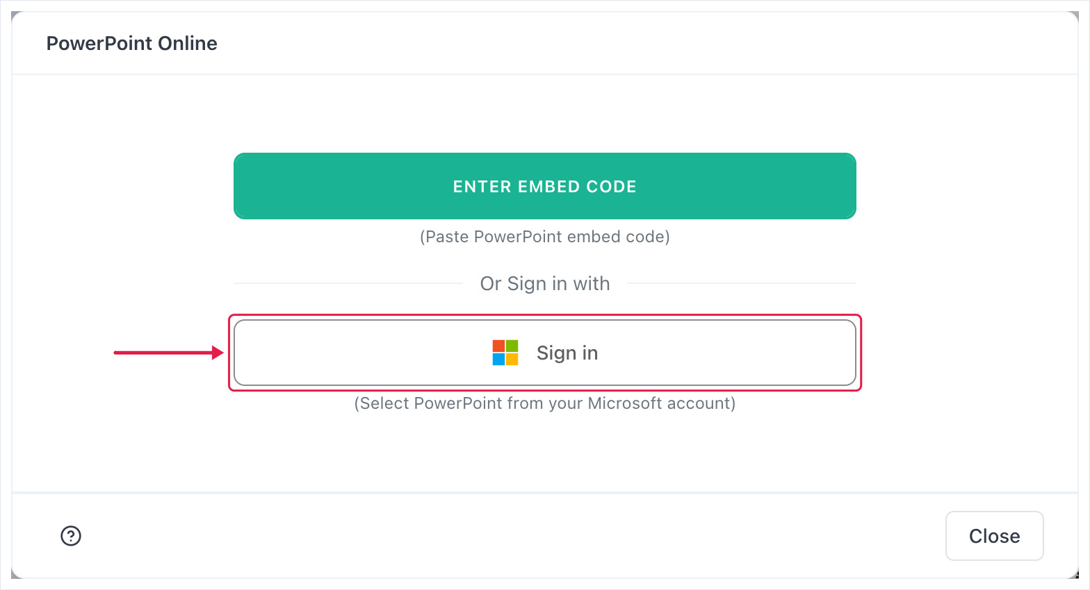 PowerPoint Online app with Enter Embed Code and the Microsoft Sign in button highlighted