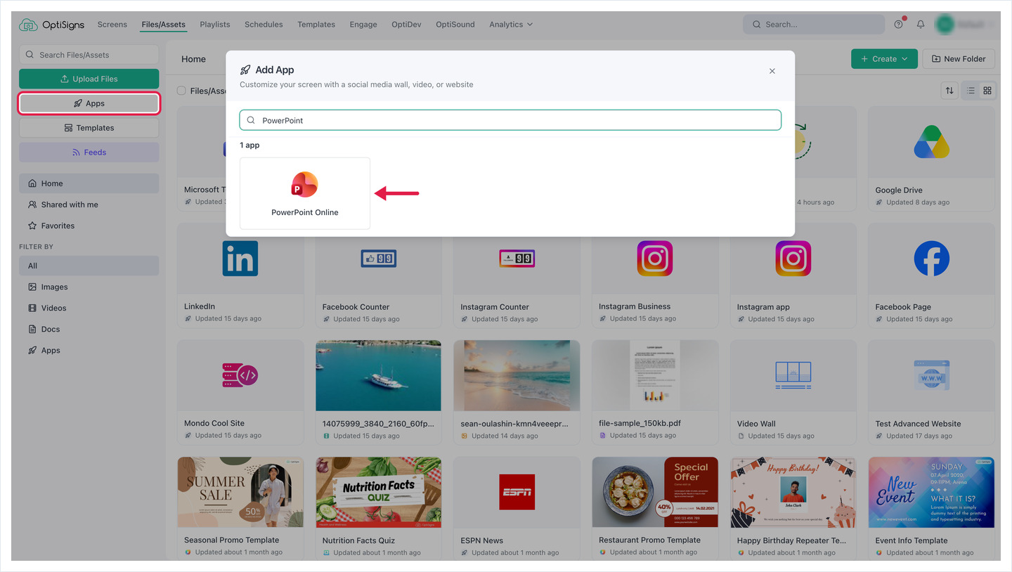 Add App dialog searched for PowerPoint, with the PowerPoint Online app card highlighted