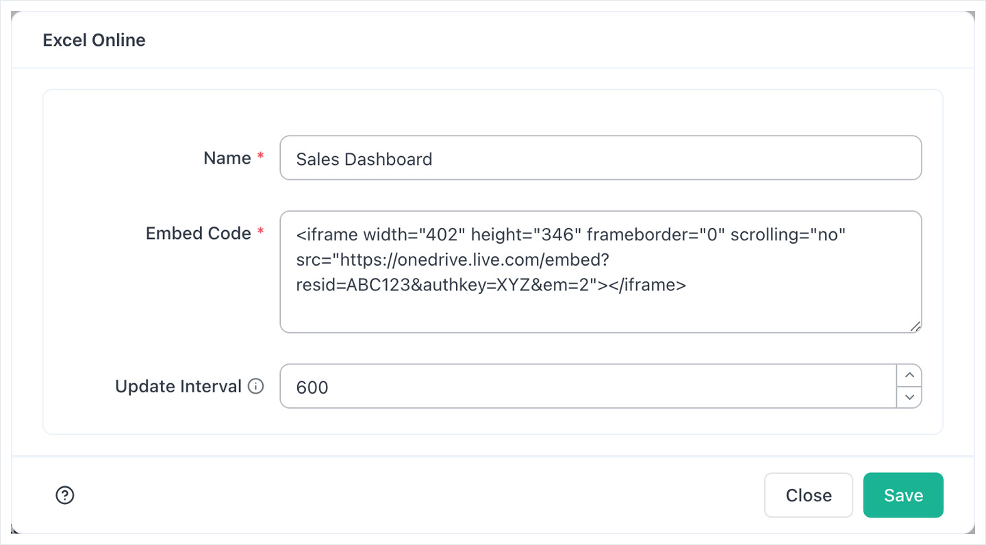 Excel Online form with Name, Embed Code and Update Interval fields