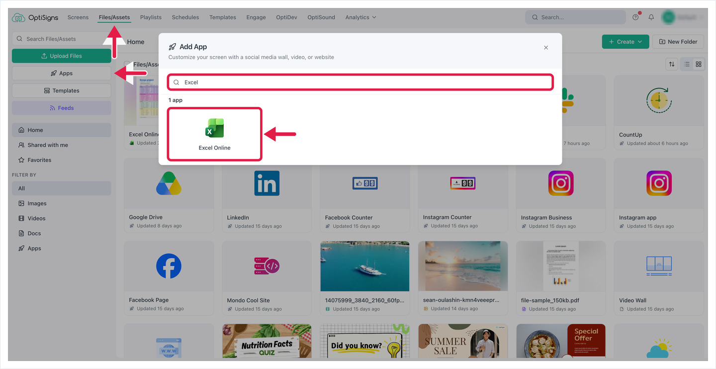 Add App dialog with Excel searched and the Excel Online app highlighted