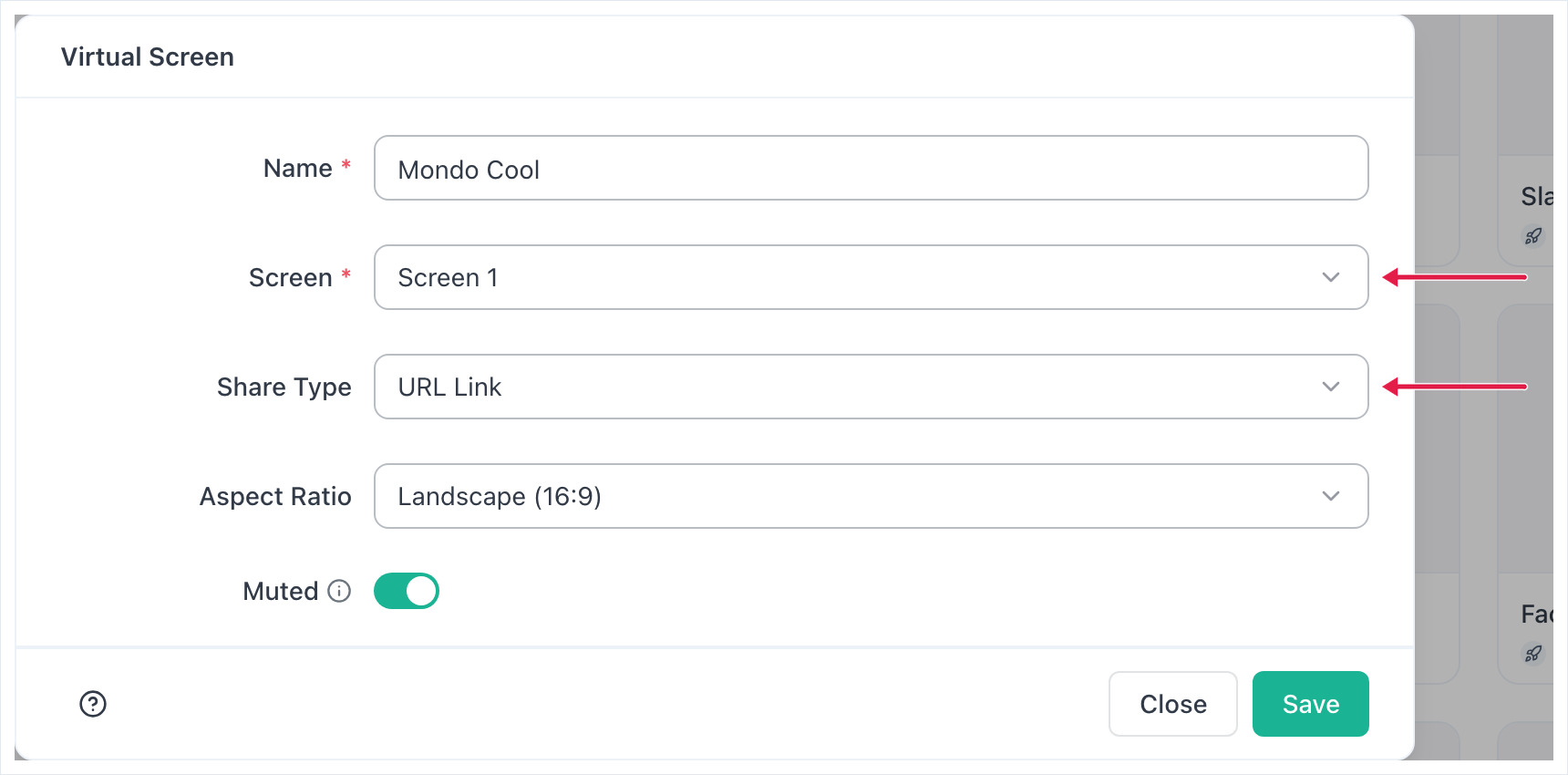 Virtual Screen form with a screen selected and Share Type set to URL Link