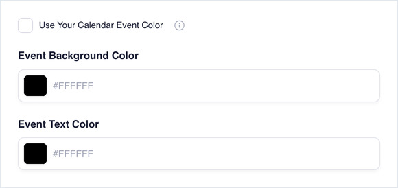 Use Your Calendar Event Color unchecked, showing the Event Background Color and Event Text Color fields