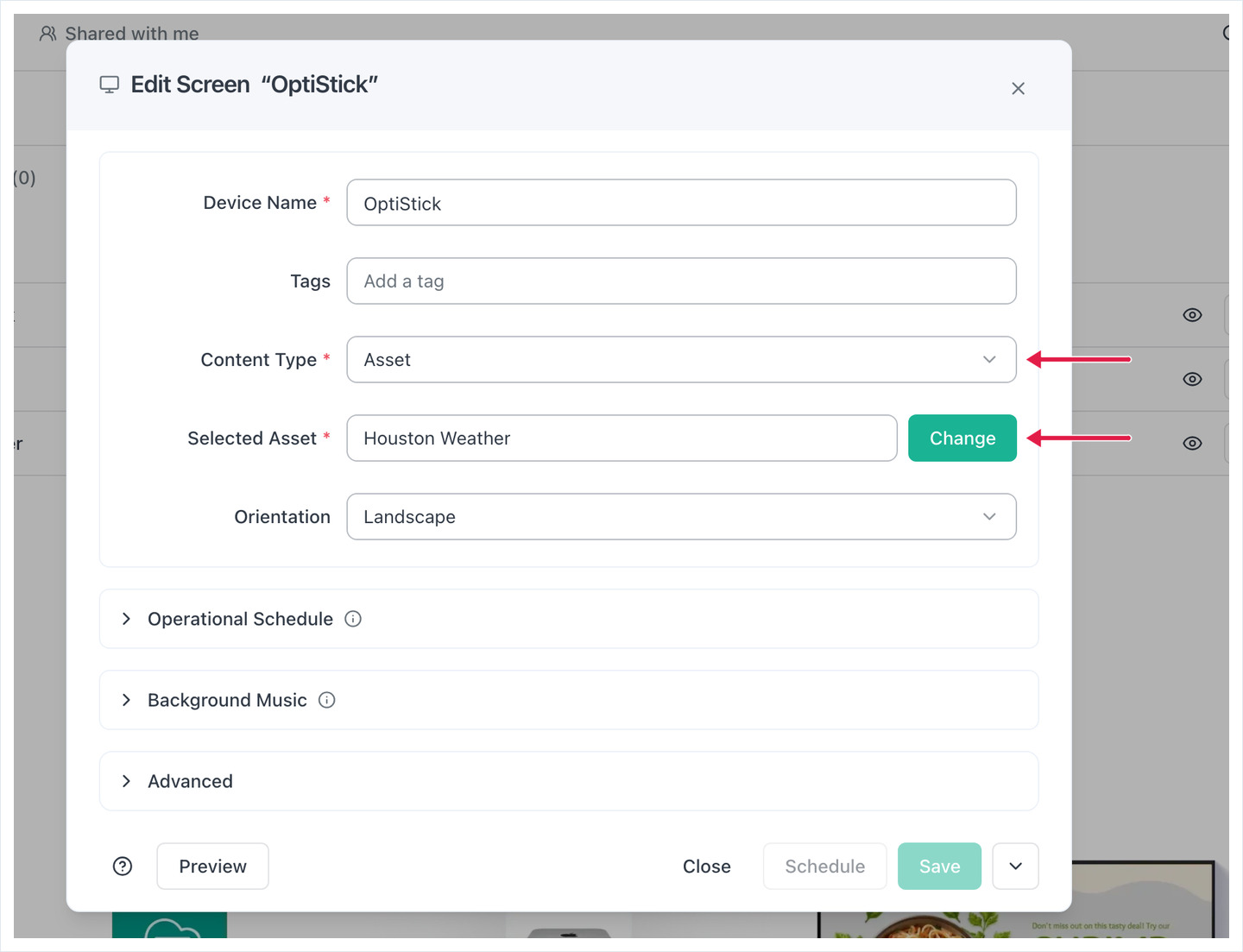 Edit Screen dialog with arrows pointing to the Content Type dropdown and the Change button for Selected Asset