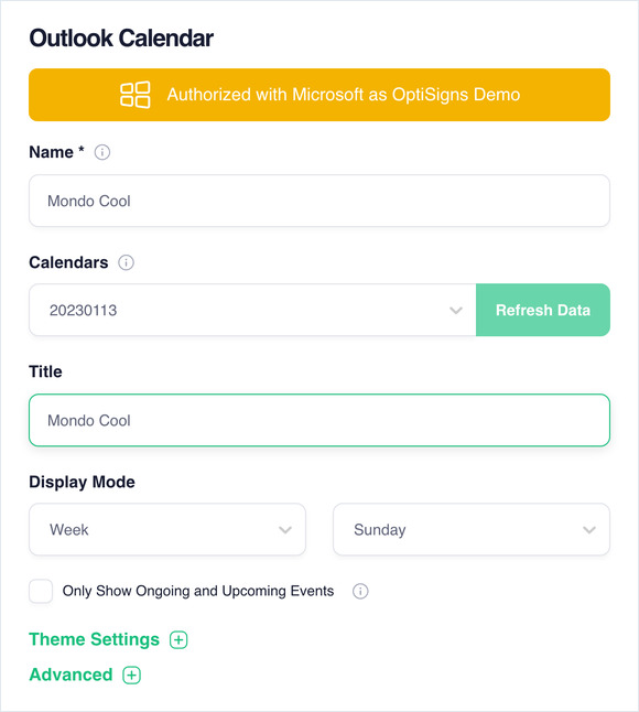 Outlook Calendar form with Name, Calendars, Title, Display Mode, and Only Show Ongoing and Upcoming Events