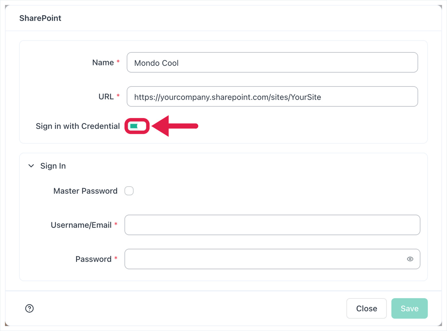 SharePoint app settings with Name, URL and the Sign in with Credential switch turned on