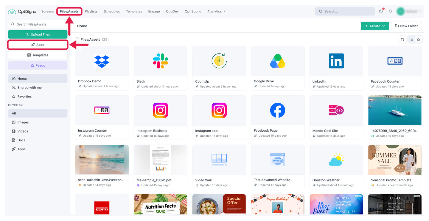 OptiSigns Files/Assets page with the Files/Assets tab and the Apps button highlighted