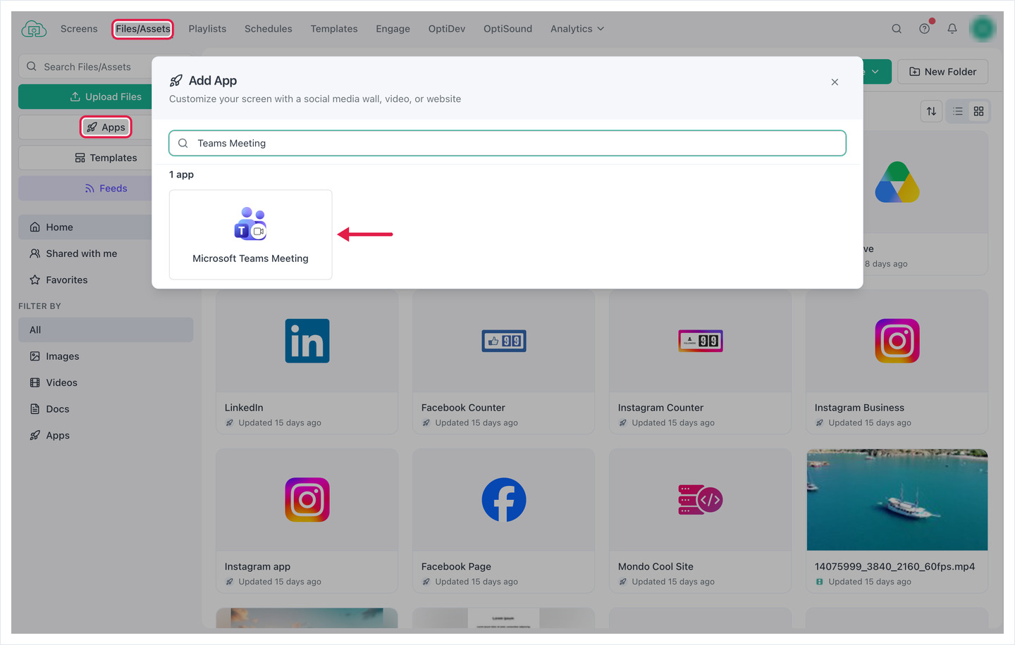 OptiSigns Files/Assets page with the Add App dialog showing Microsoft Teams Meeting