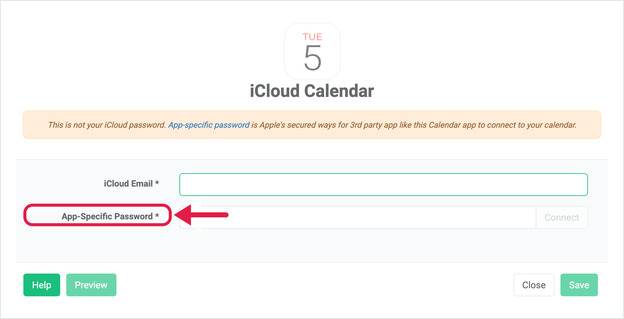 OptiSigns iCloud Calendar app dialog with the App-Specific Password field highlighted