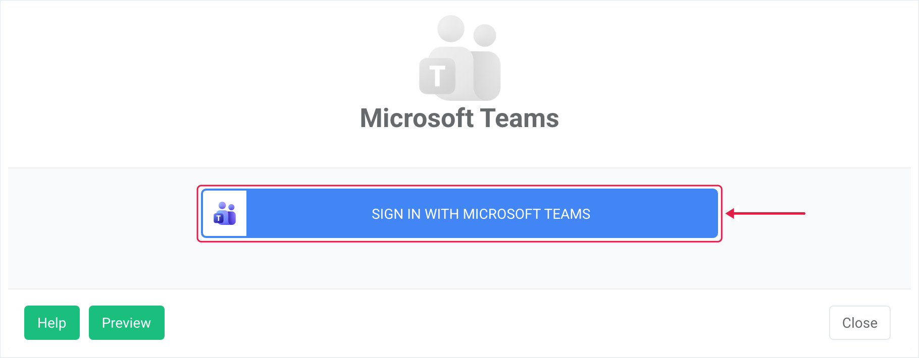Microsoft Teams app dialog with the Sign In with Microsoft Teams button highlighted