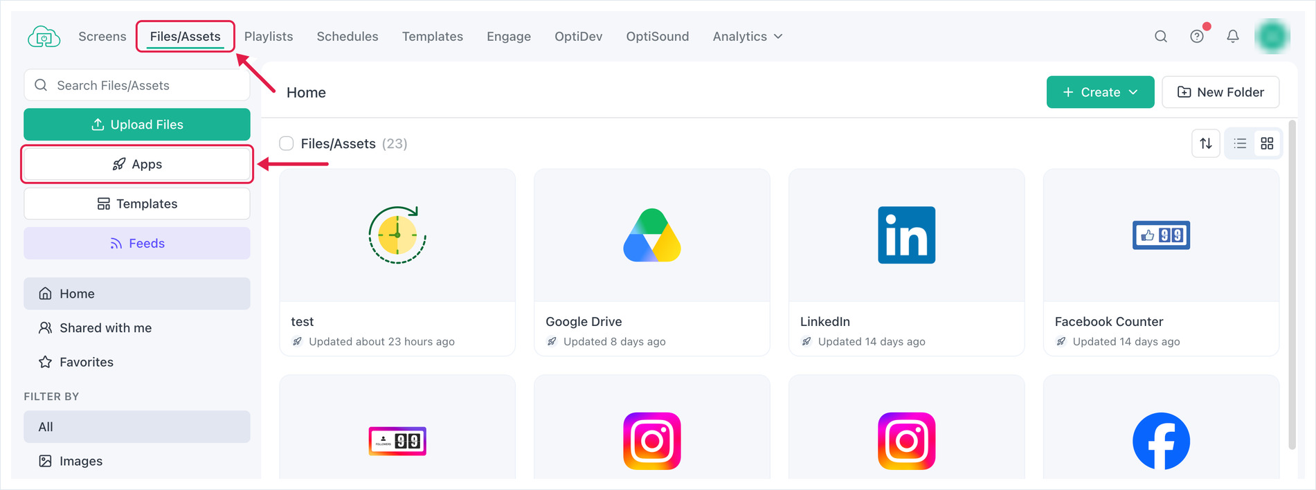 OptiSigns portal with the Files/Assets tab and the Apps button highlighted