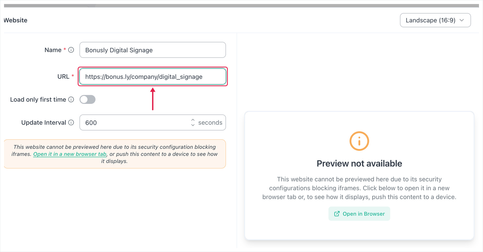 Website app form with the Bonusly digital signage URL entered in the URL field