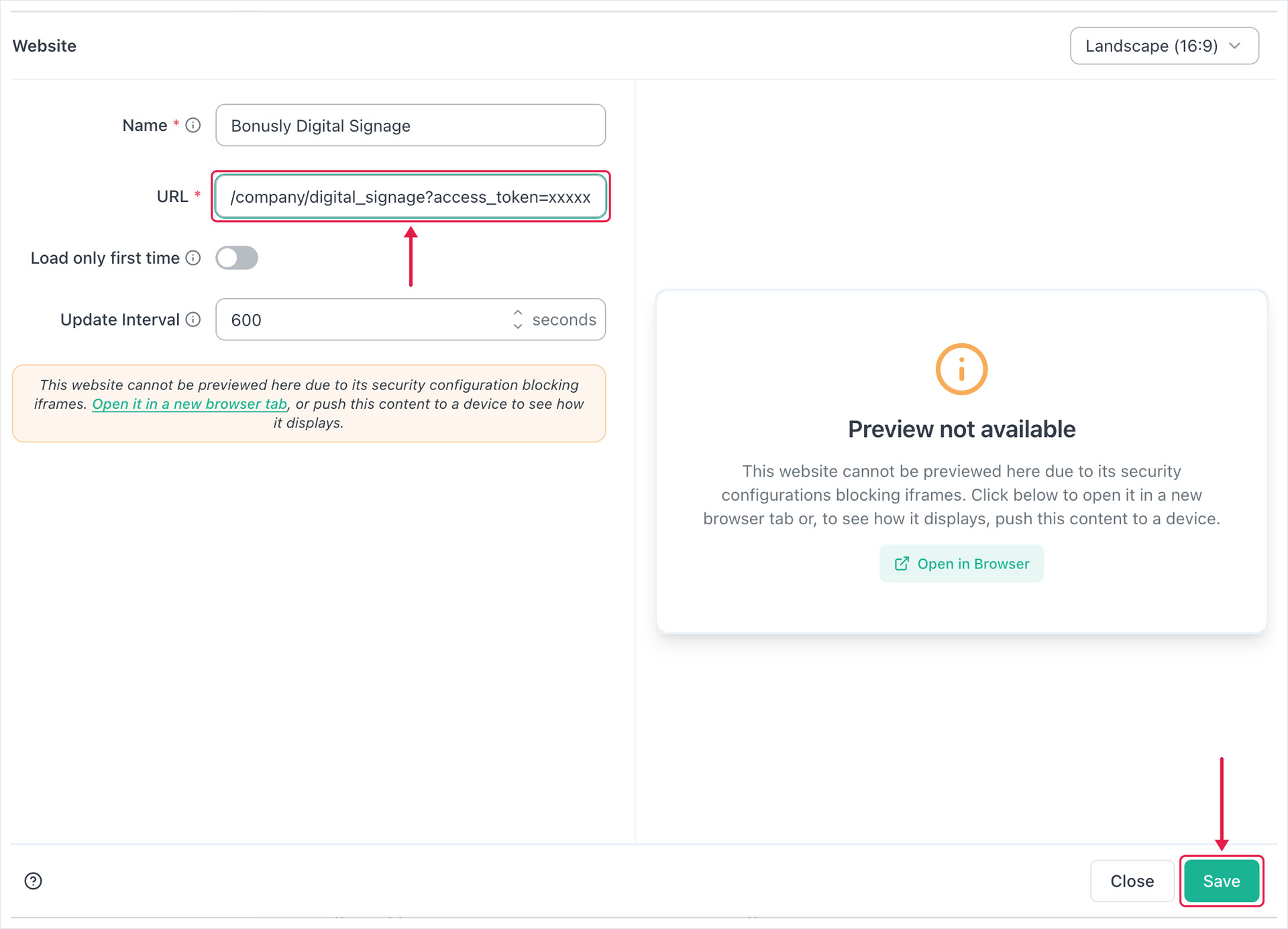 Website app form with the access token appended to the Bonusly URL and the Save button highlighted