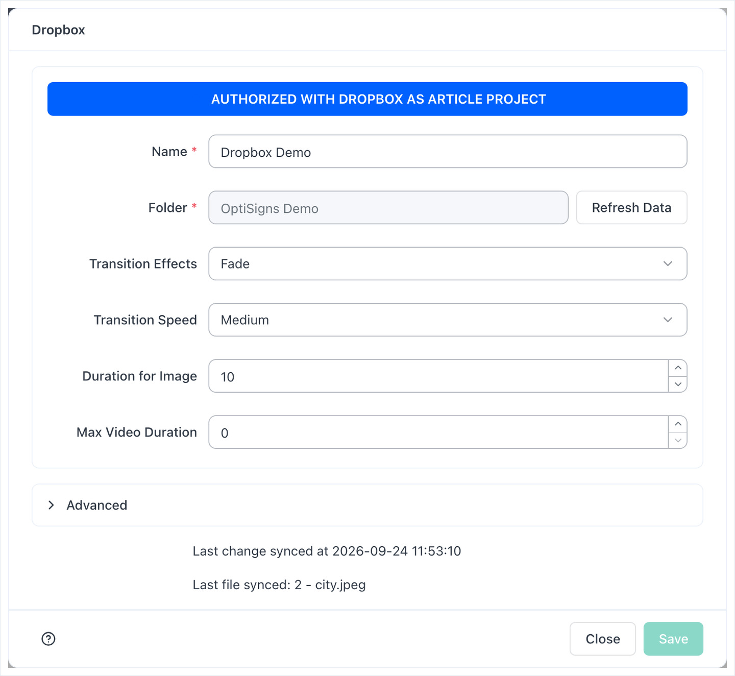 Dropbox app settings: Name, Folder, Transition Effects, Transition Speed, Duration for Image, Max Video Duration