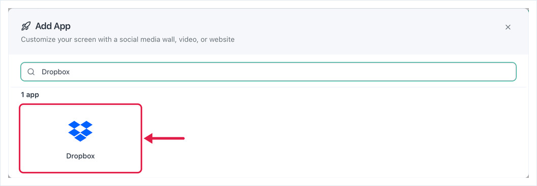 Add App dialog searched for Dropbox, with the Dropbox app card highlighted