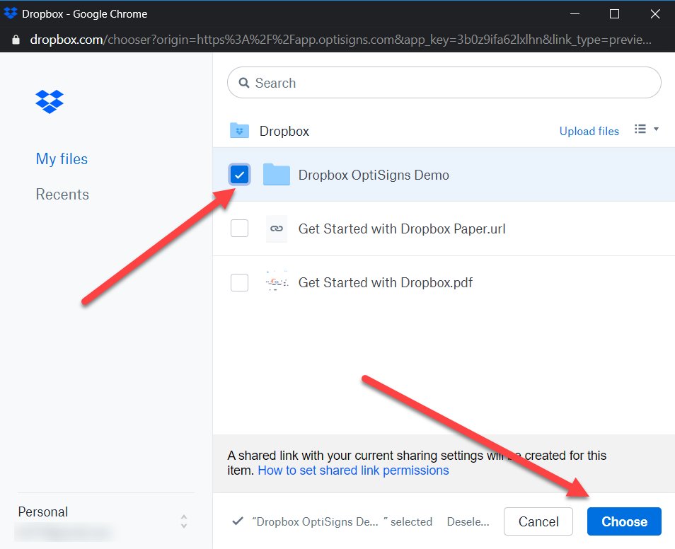 Dropbox file chooser with a folder checked and the Choose button highlighted