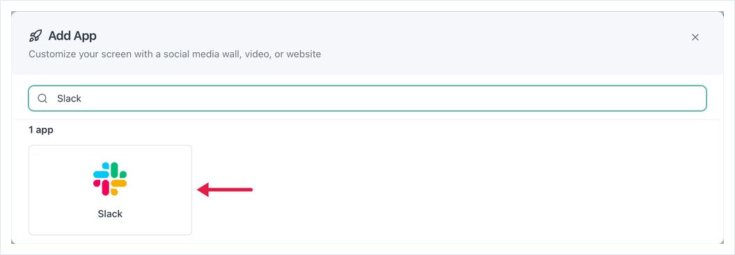 Add App dialog searched for Slack, with an arrow pointing to the Slack app