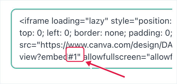 Canva embed code with #1 added after view?embed to show page 1