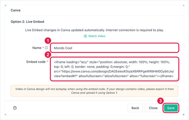 Canva Live Embed form with Name, Embed code and Save numbered 1 to 3