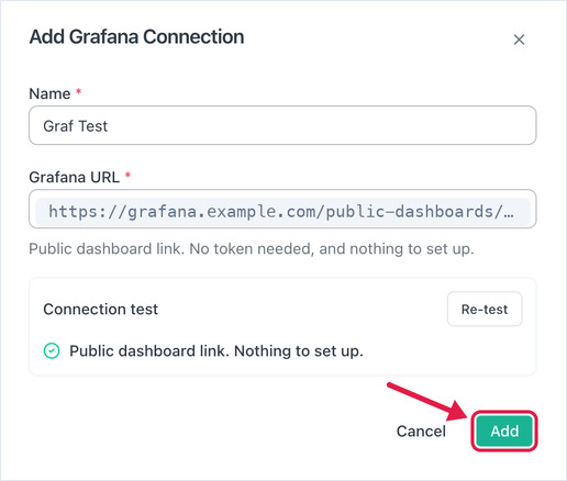 Add Grafana Connection form with a public dashboard link in Grafana URL and the Add button highlighted