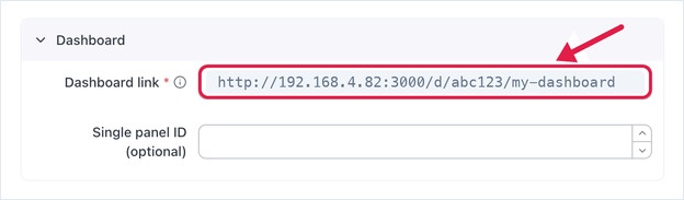 Grafana app Dashboard section with a dashboard address pasted into the Dashboard link field